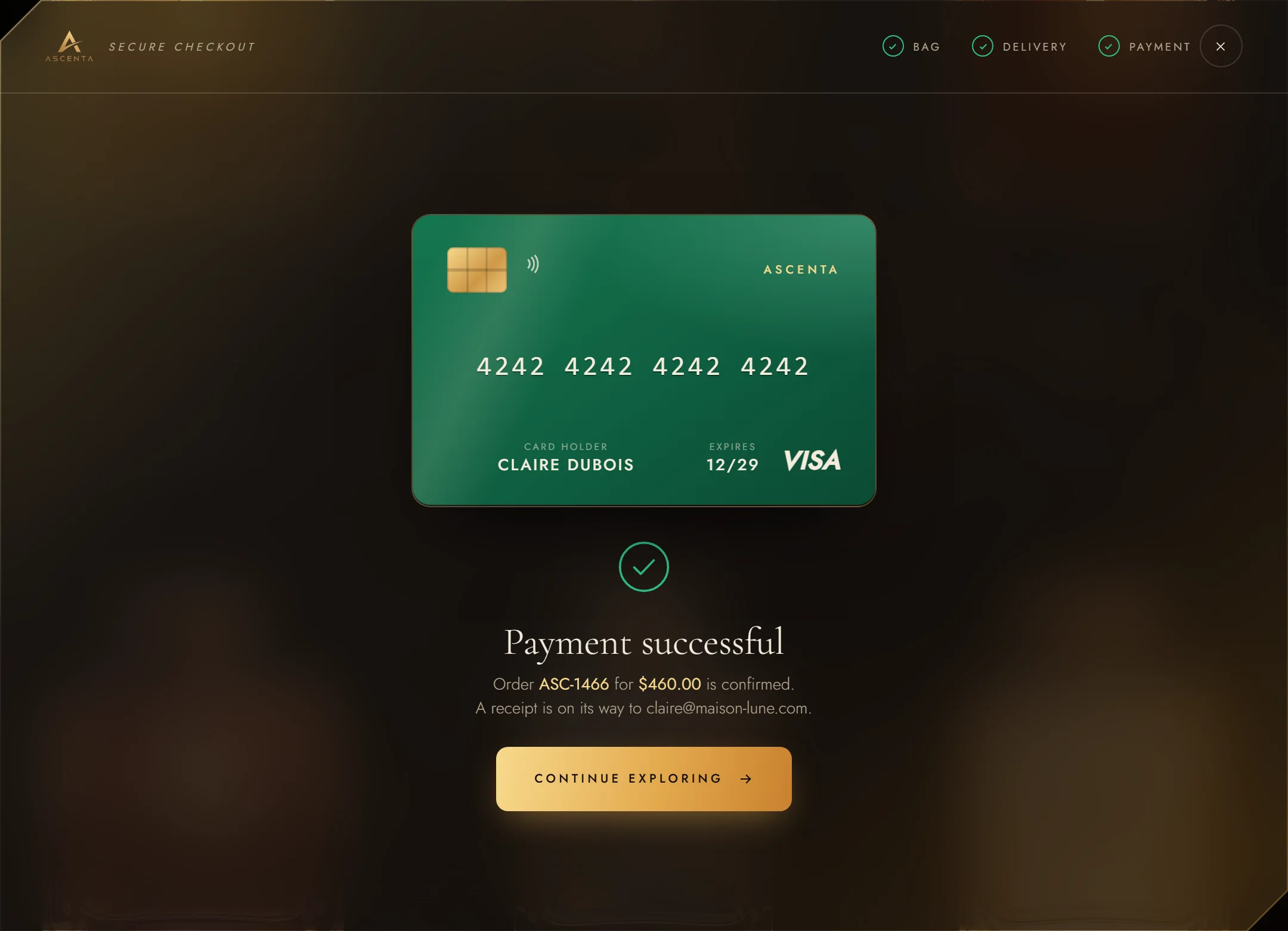 Payment successful: the card turns green and the order is confirmed