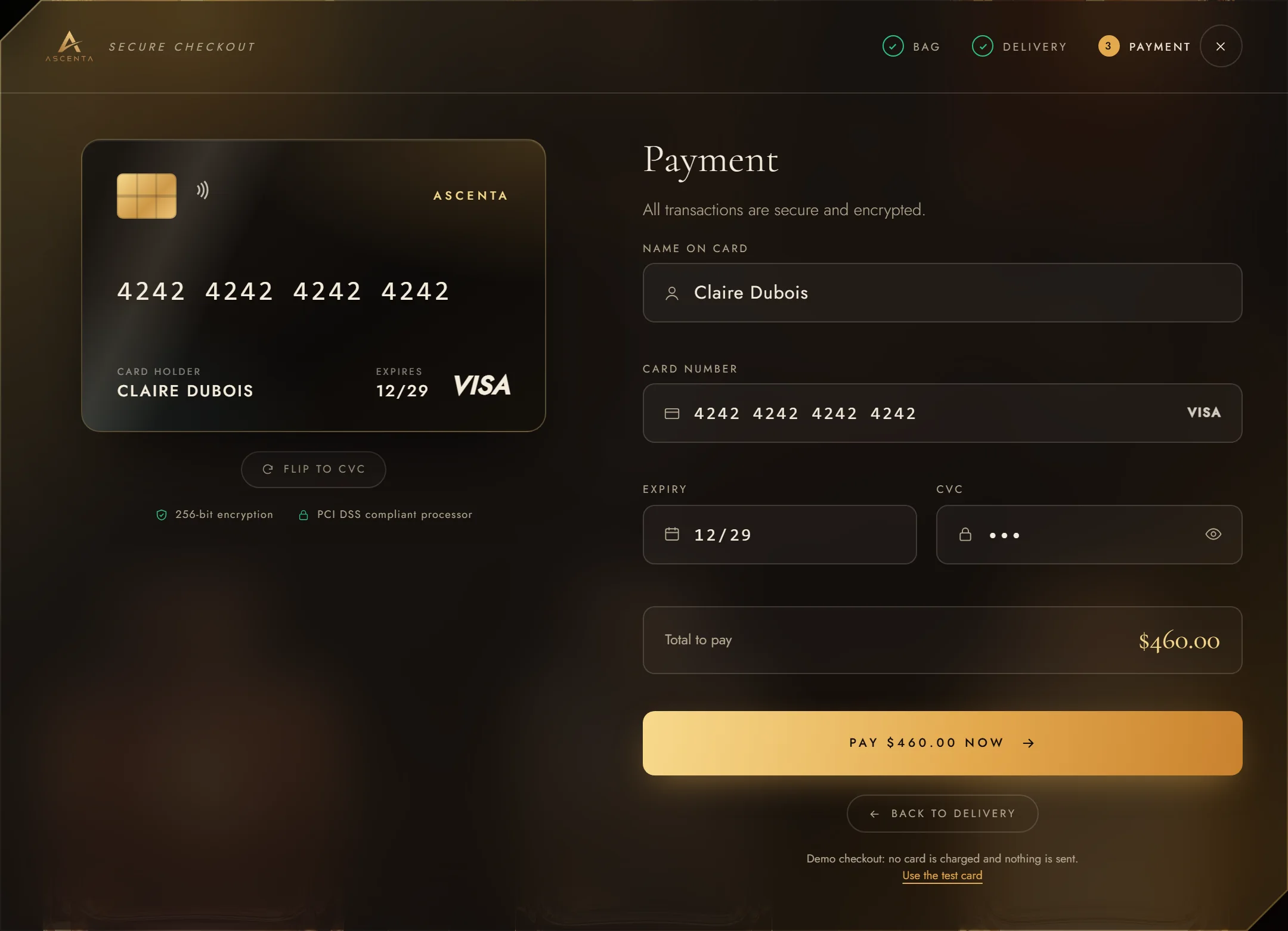 Checkout payment step with a 3D card showing the typed card details