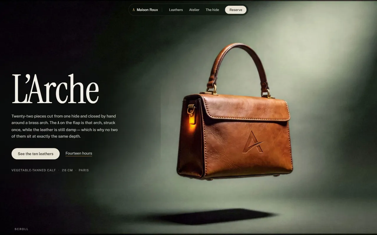 Maison Roux concept site: a tan calfskin bag lit in a single shaft of light