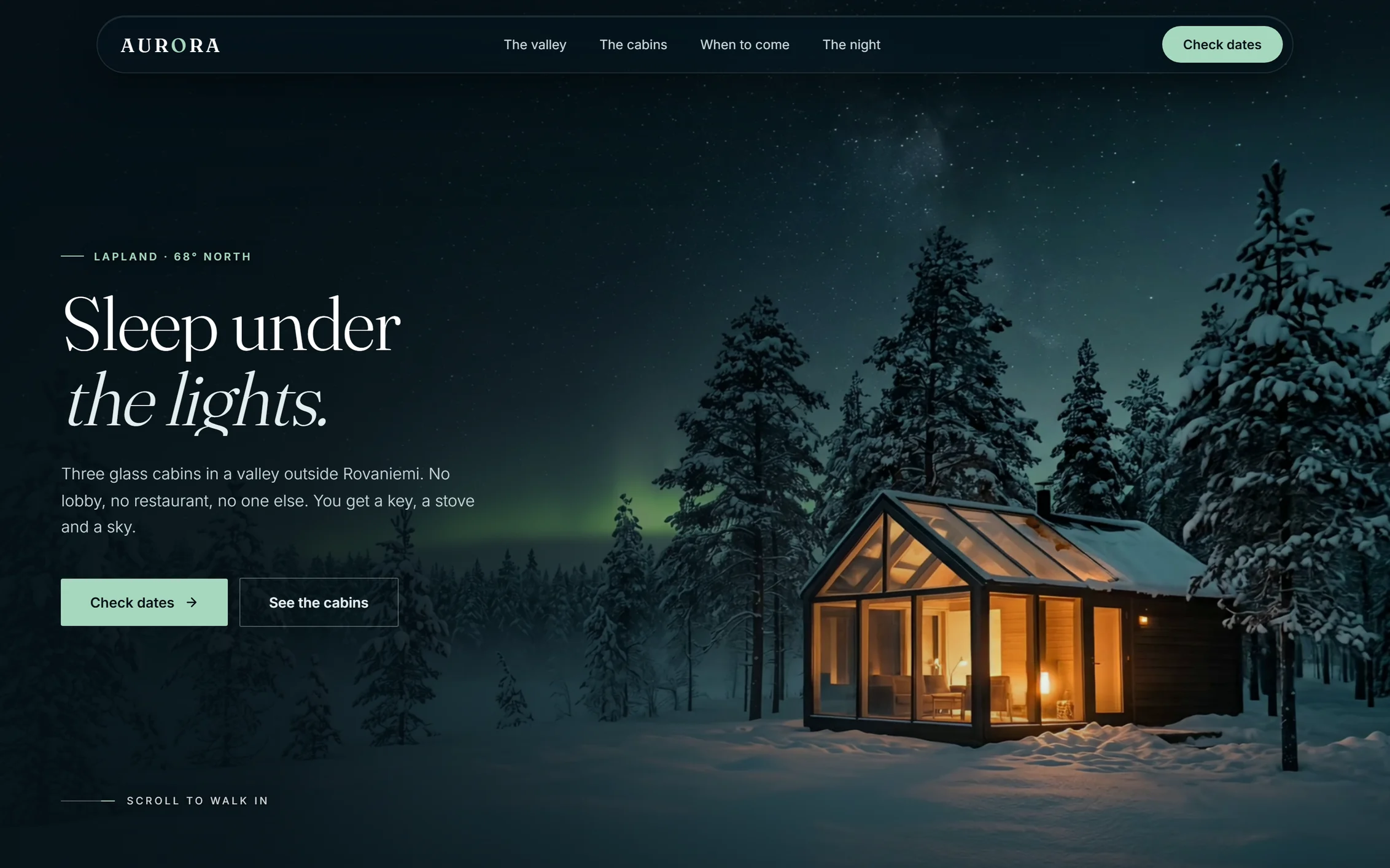 Aurora, a glass cabin lit from inside in the snow at night
