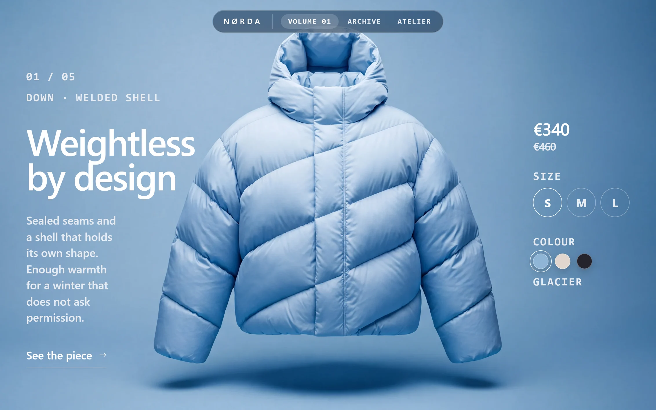 Nørda, a glacier-blue down jacket floating on a blue field