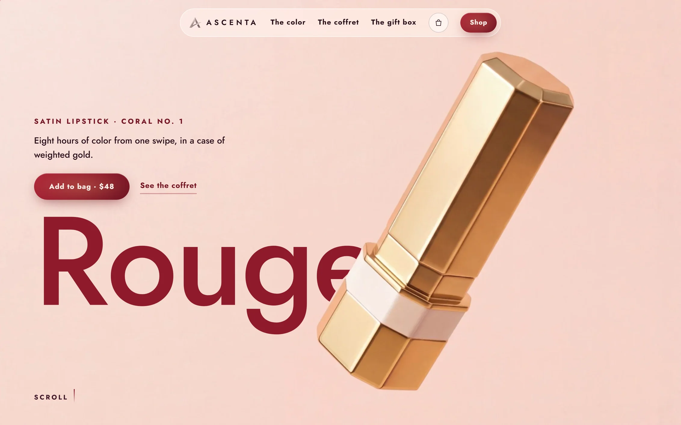 Rouge No. 1 — a coral lipstick in a faceted gold case
