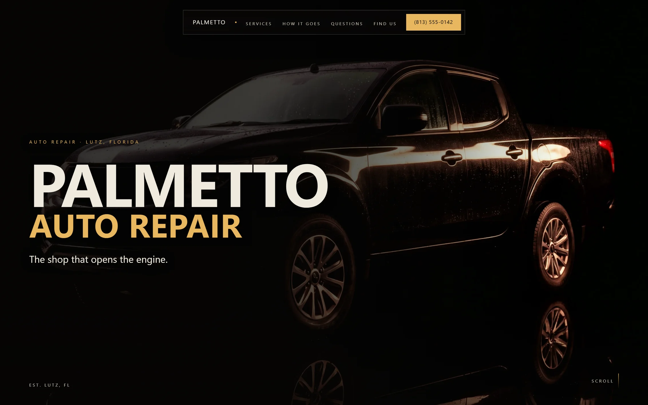 Palmetto Auto Repair — a pickup truck lit in a single amber shaft on the shop website
