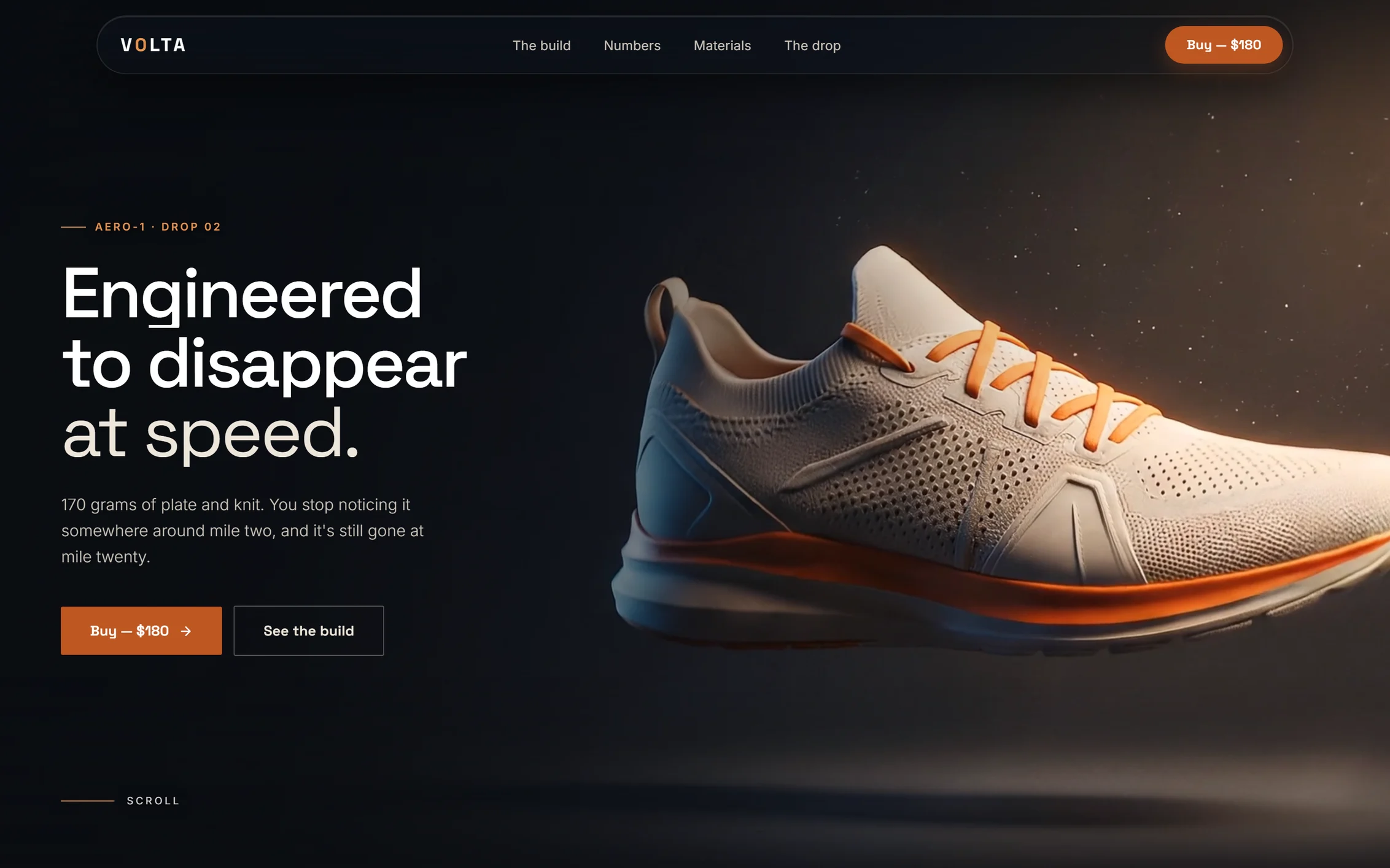 Volta AERO-1, a knit running shoe floating in the dark