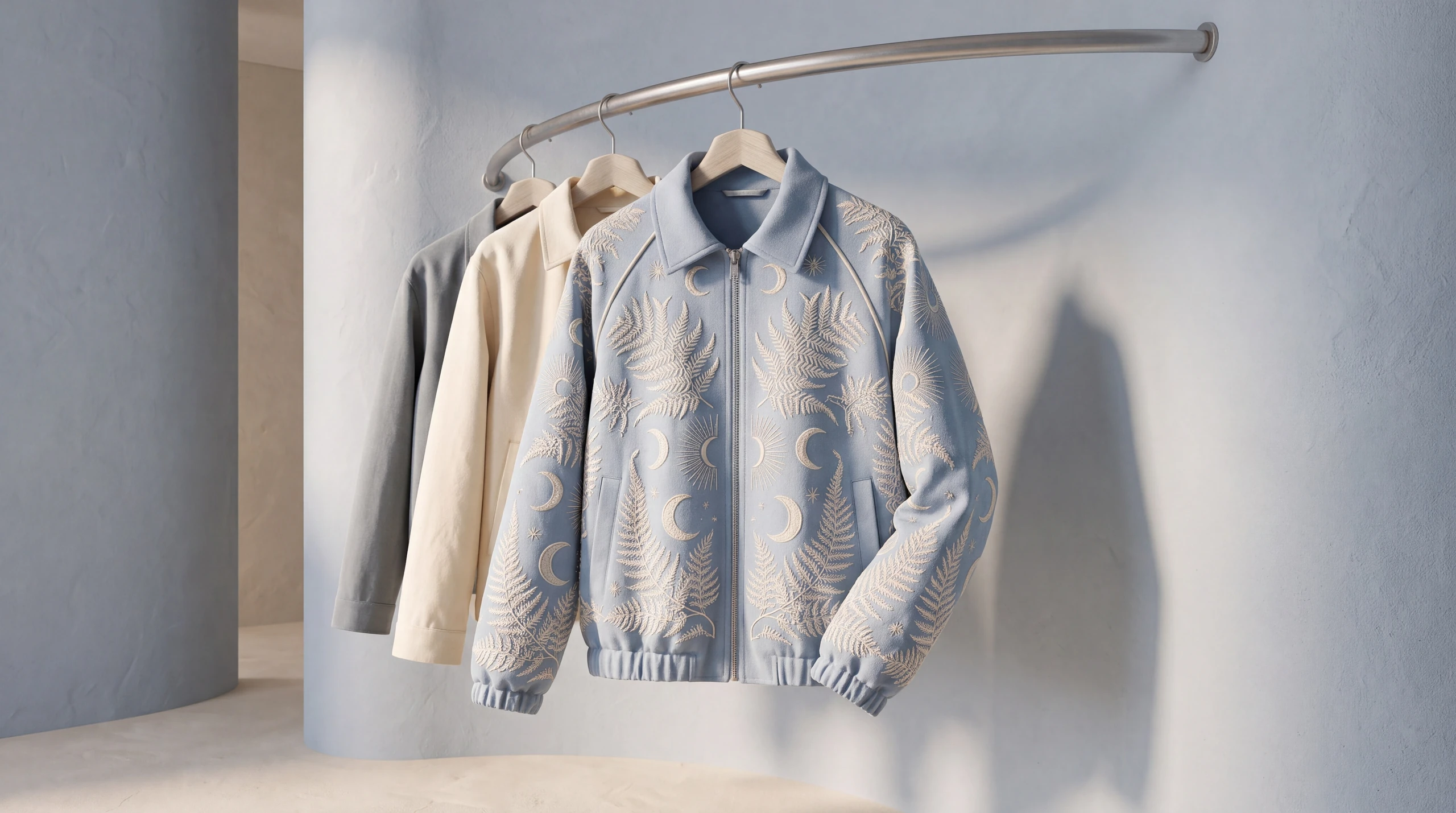 Powder-blue embroidered jacket in the blue atelier