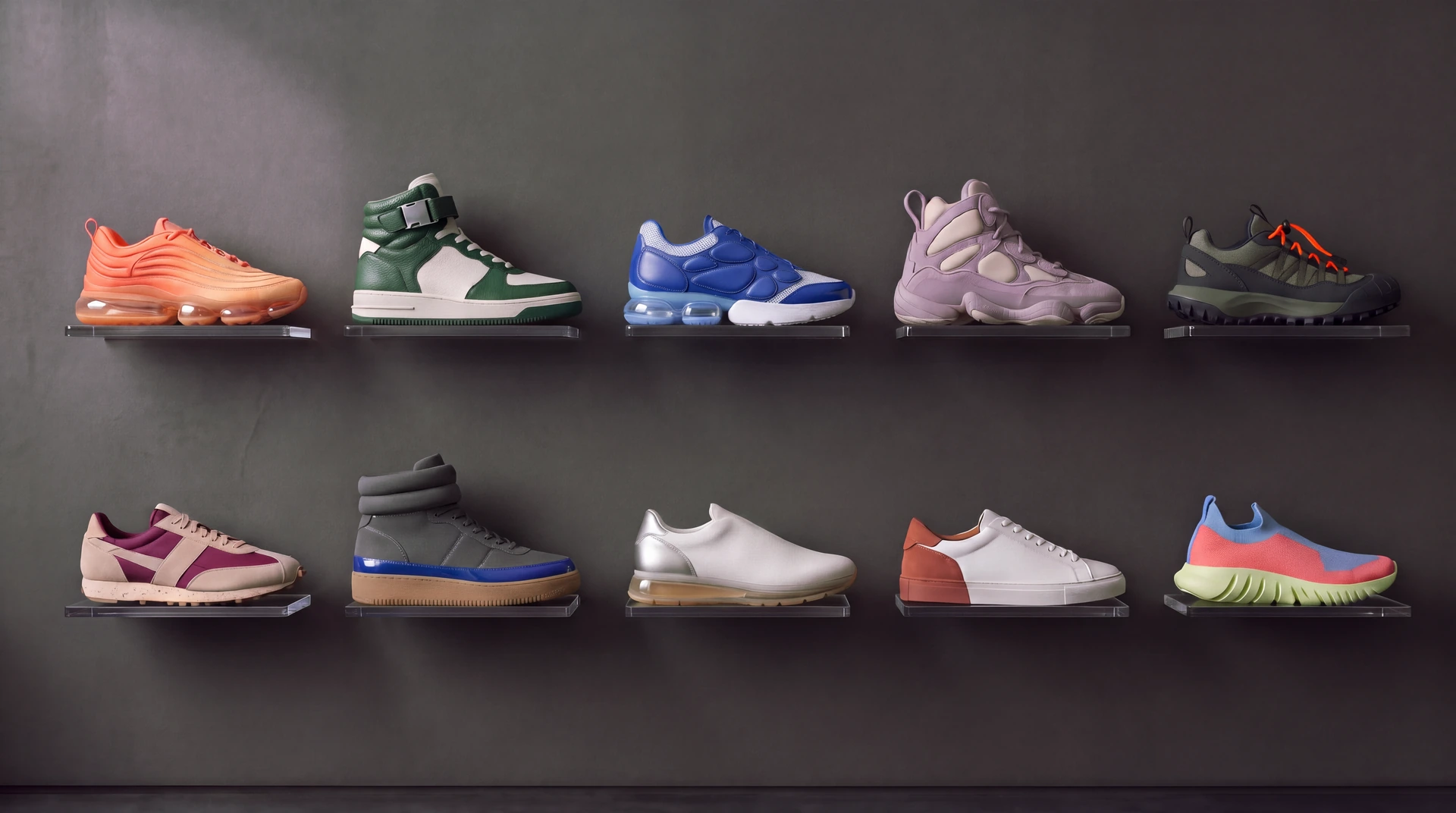 Ten original footwear designs displayed on glass shelves against a dark grey wall